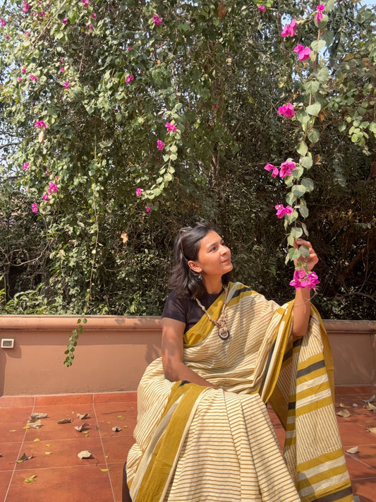 Mustard & Cream Striped Cotton Saree