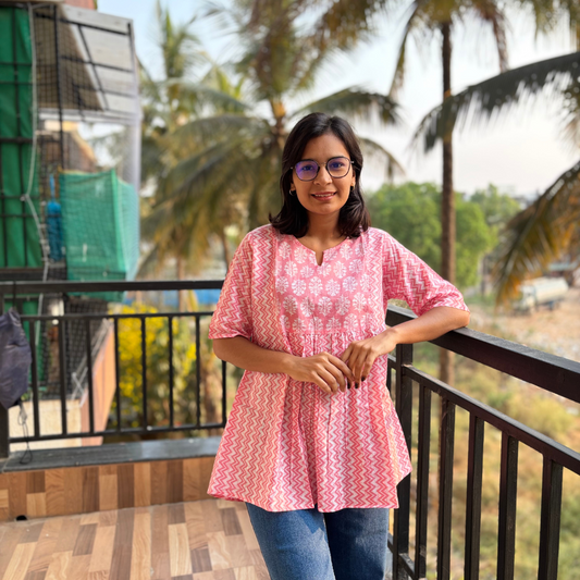 Pink Zigzag Cotton Short Kurti