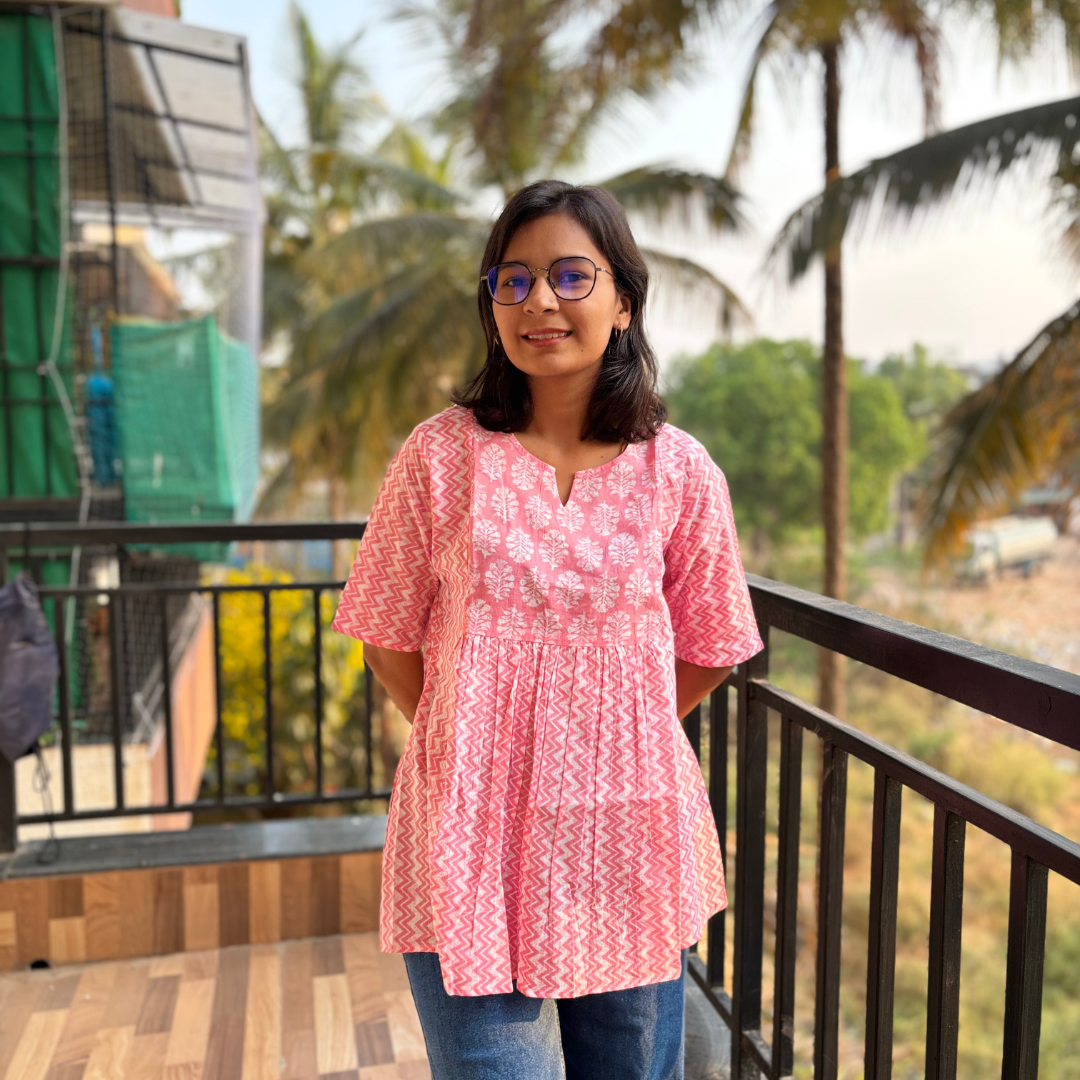 Pink Zigzag Cotton Short Kurti