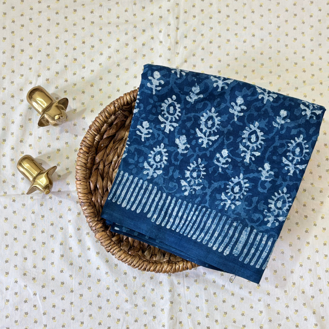 Indigo Hand Block Printed Cotton Saree