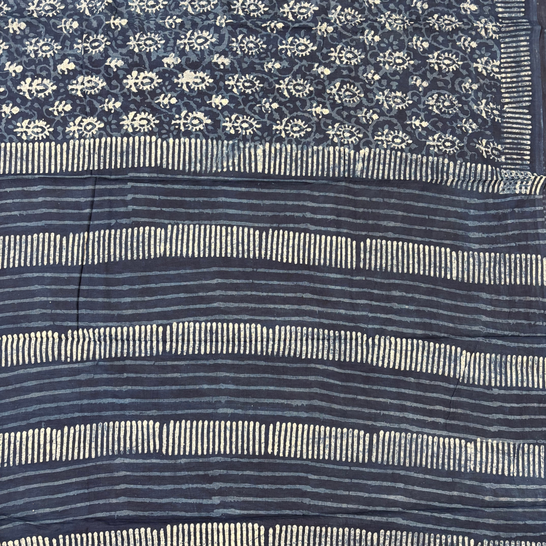 Indigo Hand Block Printed Cotton Saree