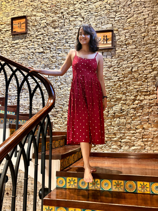 Gulab cotton Red Bandhani strappy dress