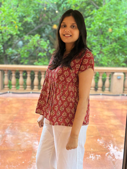 Leher Brown Butti Block Print Peplum Top