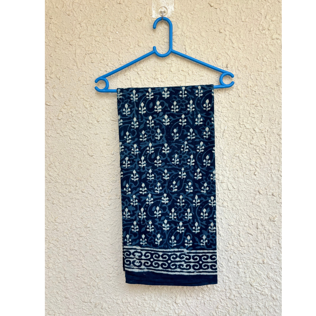 Indigo Hand Block Printed Cotton Saree