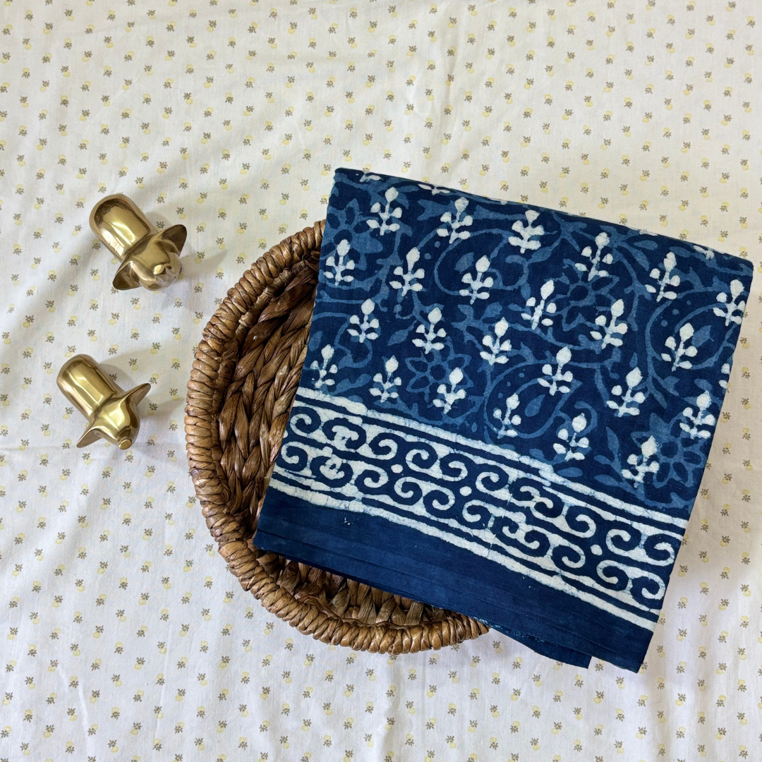 Indigo Hand Block Printed Cotton Saree