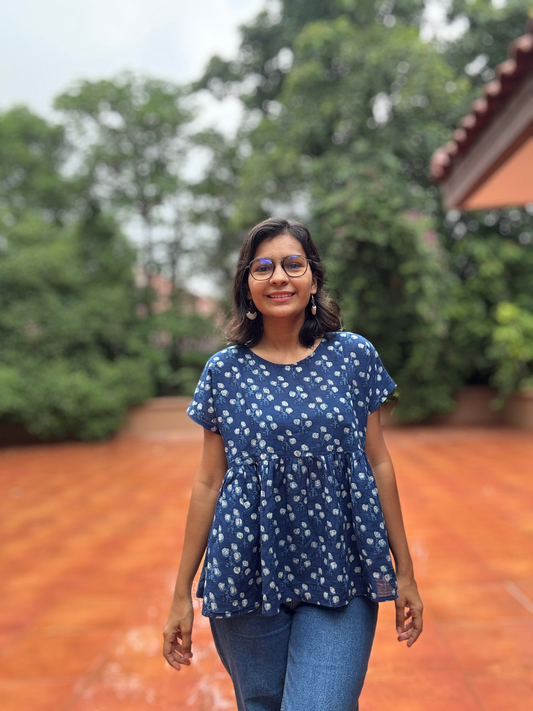 Leher Blue  Block Print Peplum Top