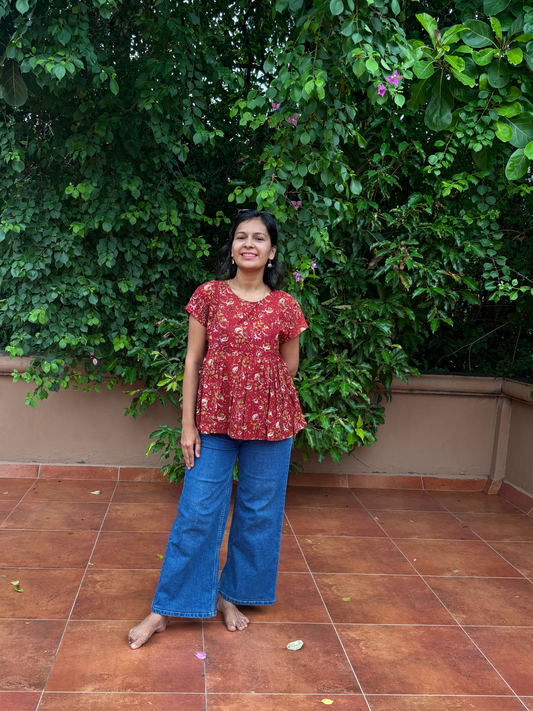 Leher Brown all over Block Print Peplum Top