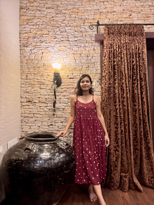 Maati cotton Brown Bandhani Strappy Dress