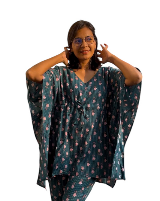 Mint Floral Kantha Printed Kaftan Set