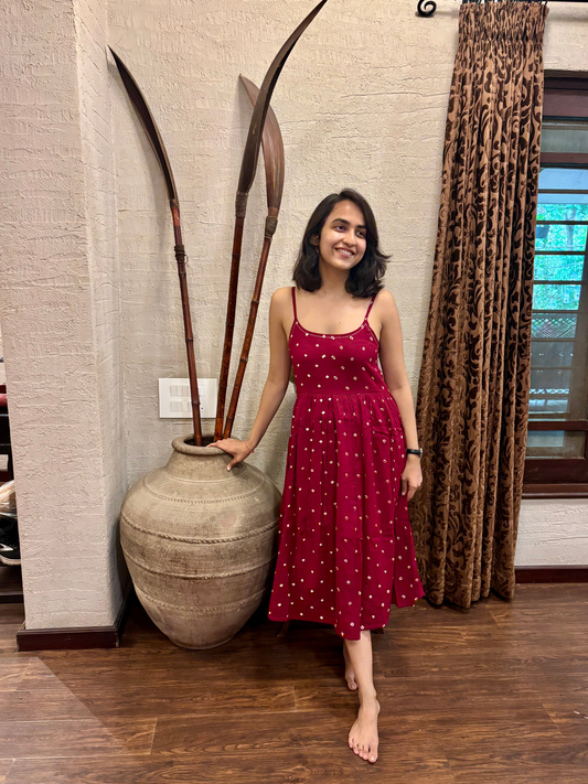 Gulab cotton Red Bandhani strappy dress