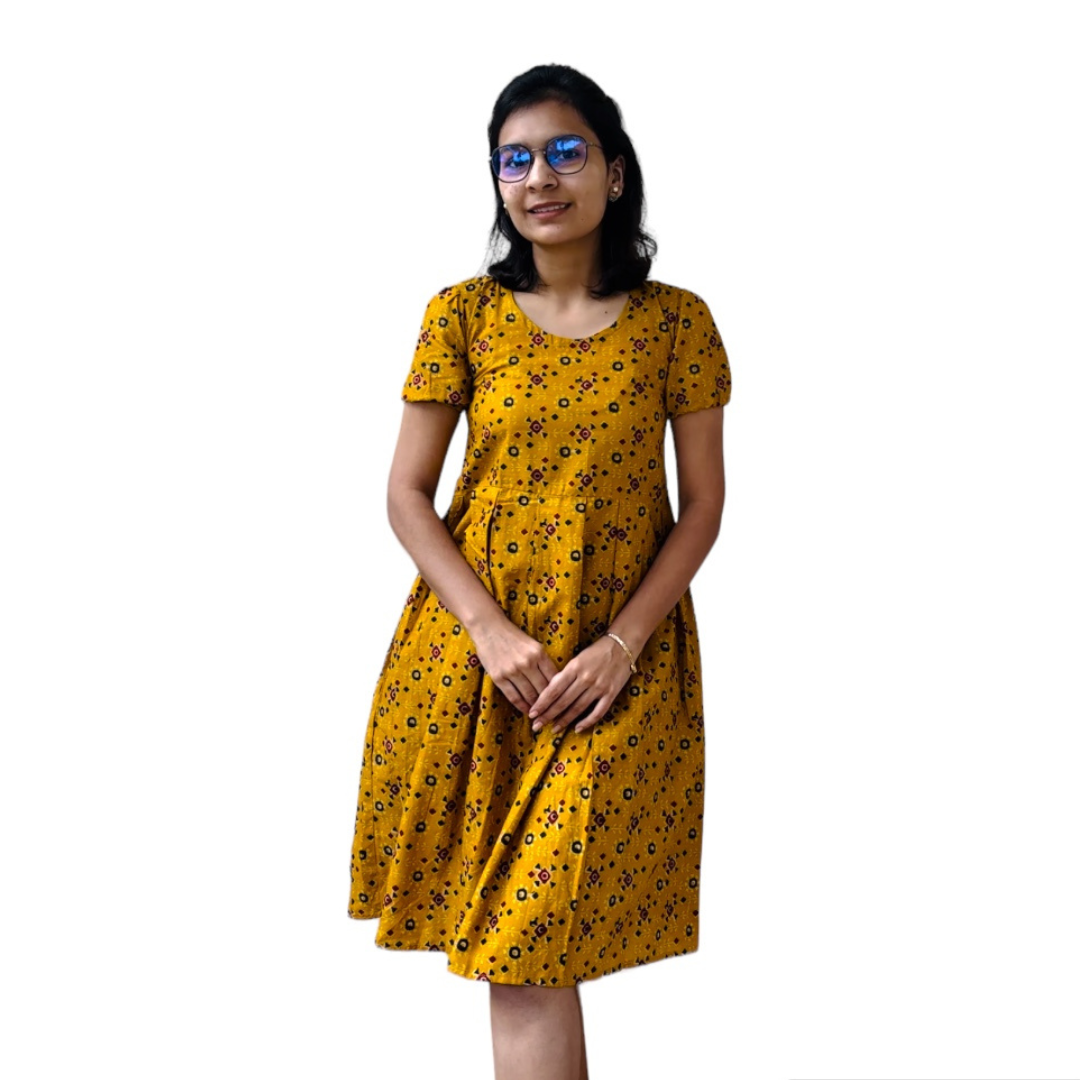 yellow bandhani printed dress