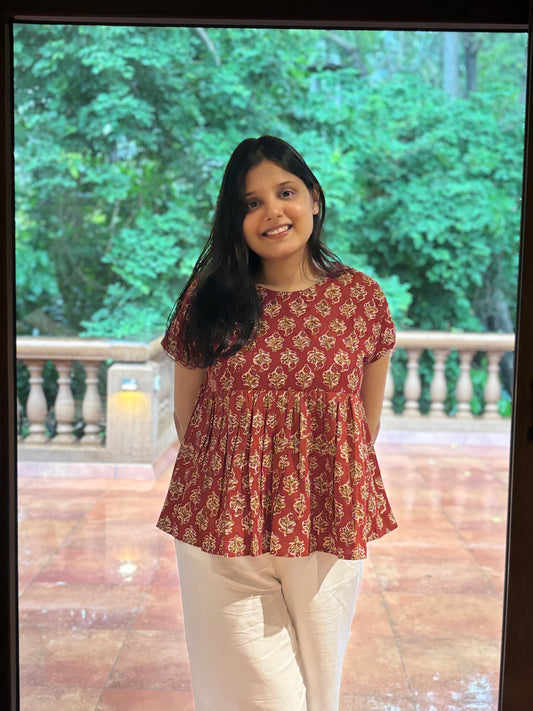 Leher Brown Butti Block Print Peplum Top