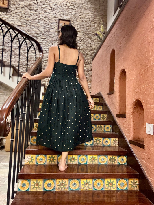 Bahar cotton Green Bandhani Strappy Dress