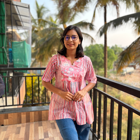 Pink Stripe Printed Cotton Short Kurti