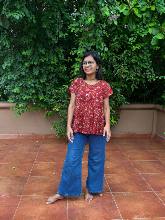 Leher Brown all over Block Print Peplum Top