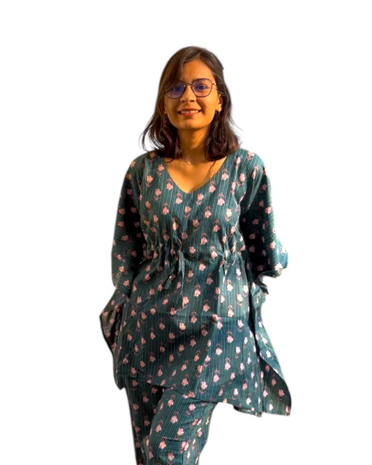 Mint Floral Kantha Printed Kaftan Set