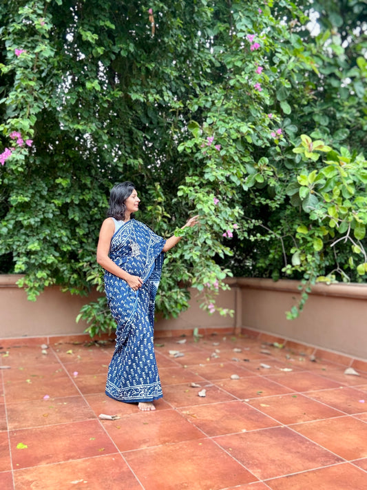 Indigo Hand Block Printed Cotton Saree