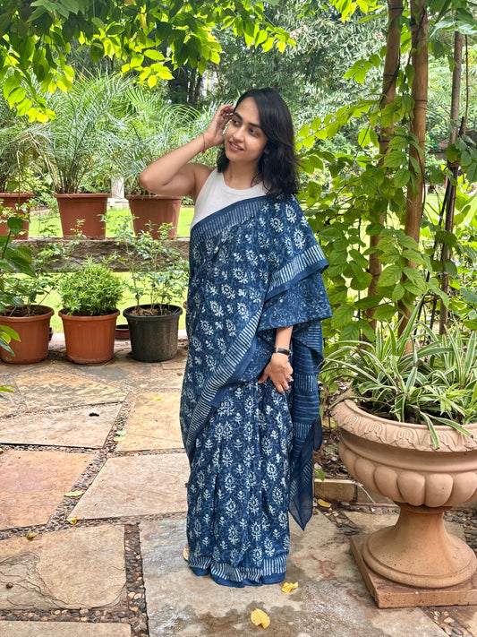 Indigo Hand Block Printed Cotton Saree