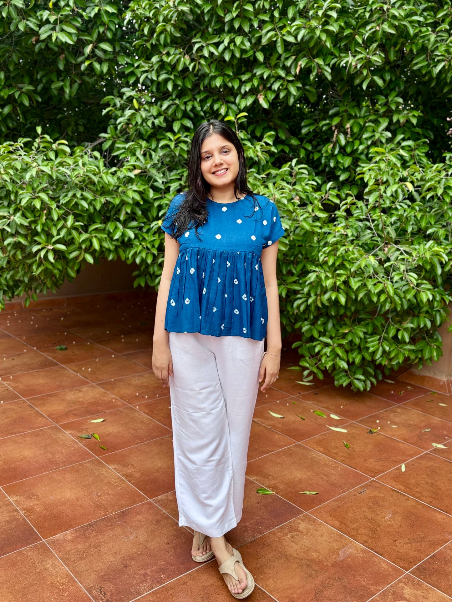 Leher Bandhani cotton peplum top