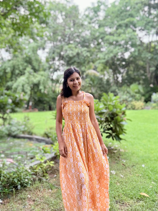 Saanjh yellow block printed smocking strappy dress