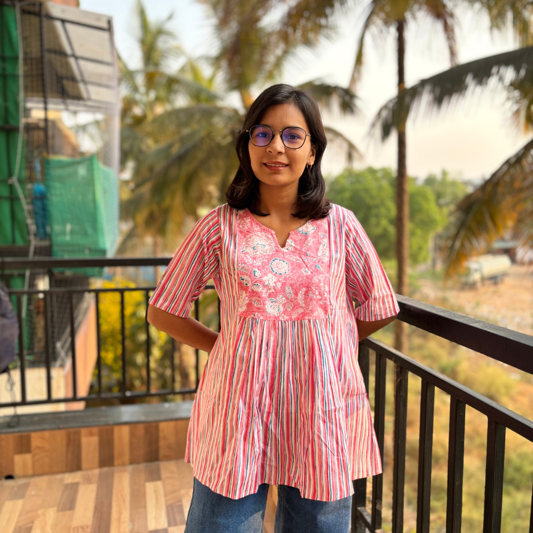 Pink Stripe Printed Cotton Short Kurti