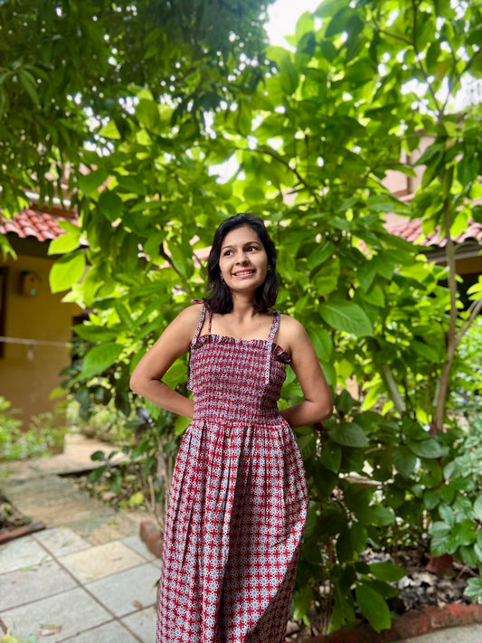Meher Ajrakh block printed smocking strappy dress