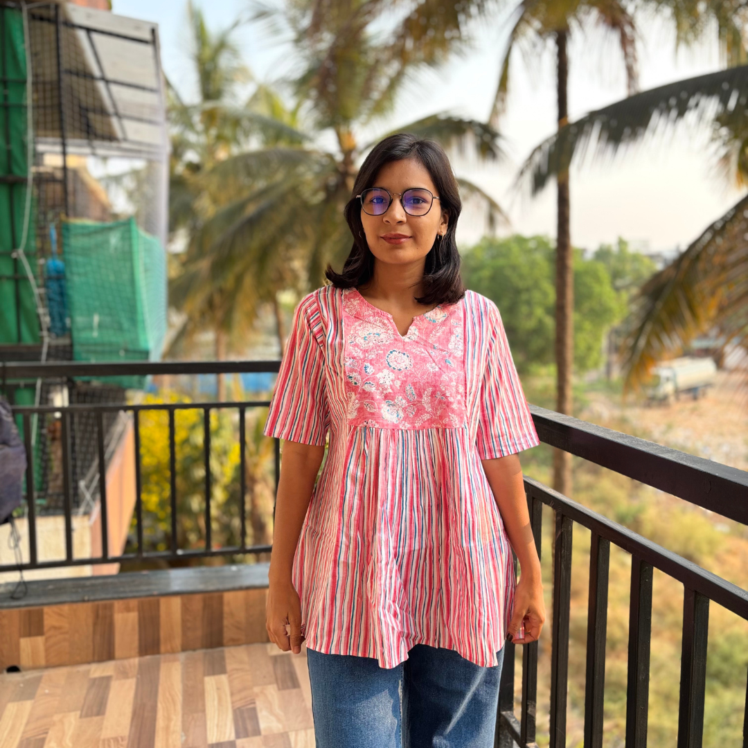 Pink Stripe Printed Cotton Short Kurti