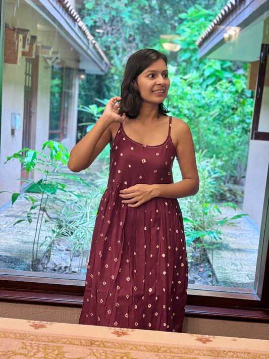 Maati cotton Brown Bandhani Strappy Dress