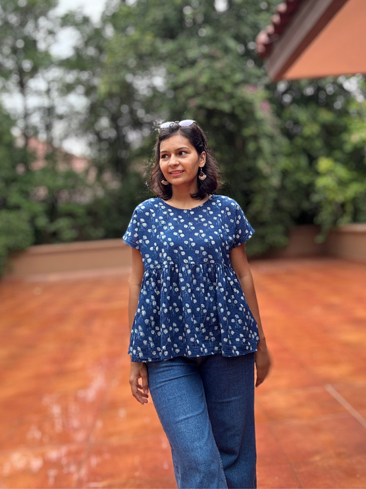 Leher Blue  Block Print Peplum Top