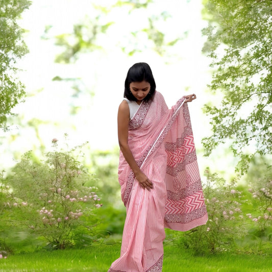 Pink Stripe Cotton Saree