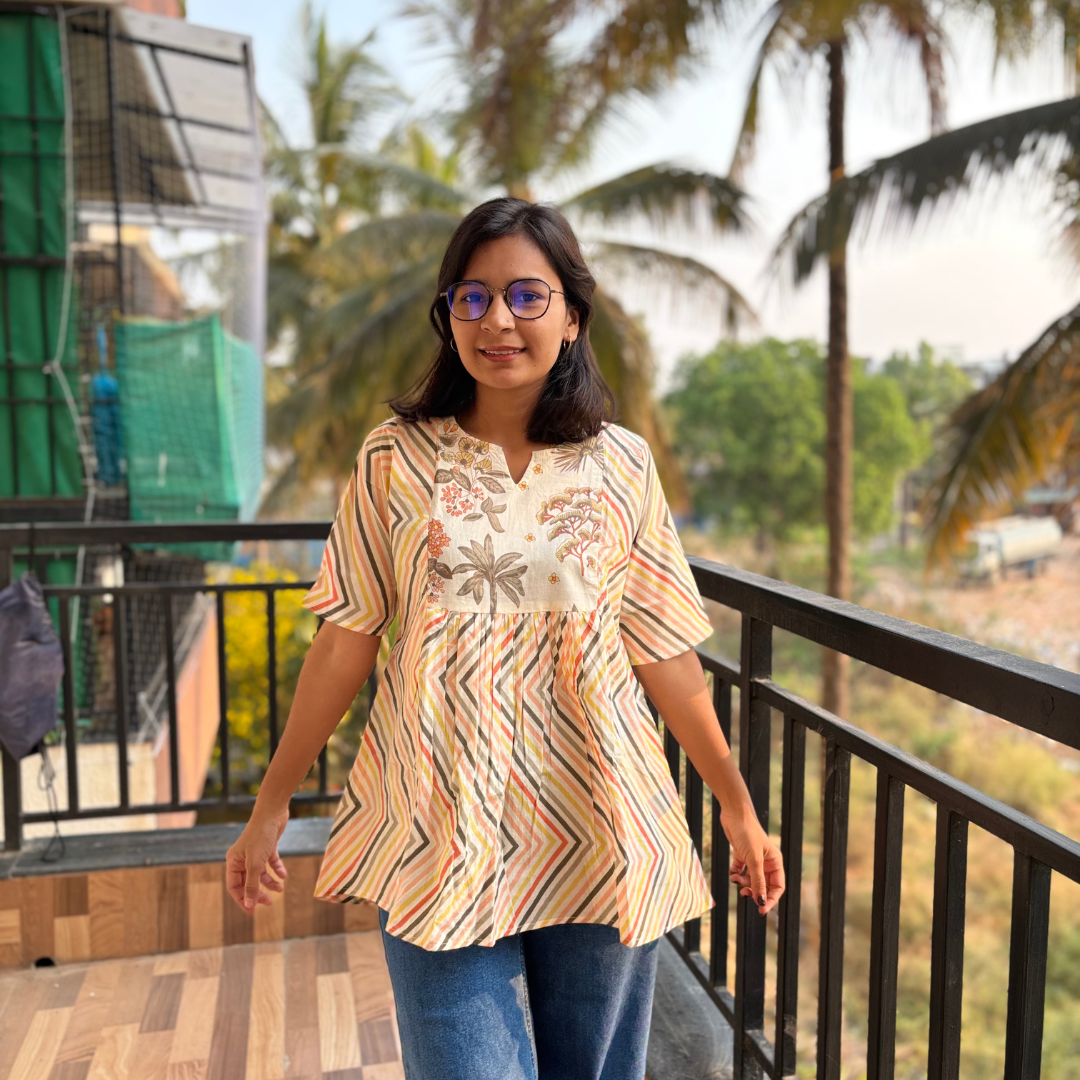 Multicolor Zigzag Stripe Cotton Short Kurti