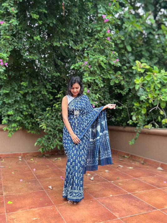 Indigo Hand Block Printed Cotton Saree