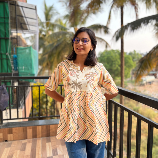 Multicolor Zigzag Stripe Cotton Short Kurti