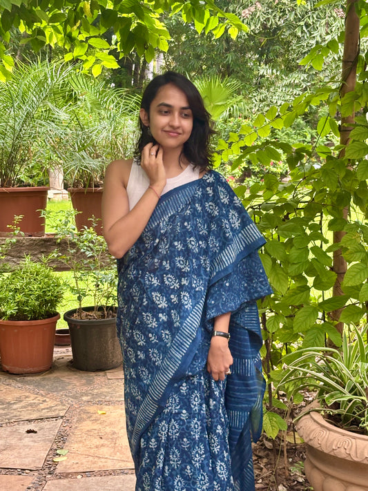 Indigo Hand Block Printed Cotton Saree