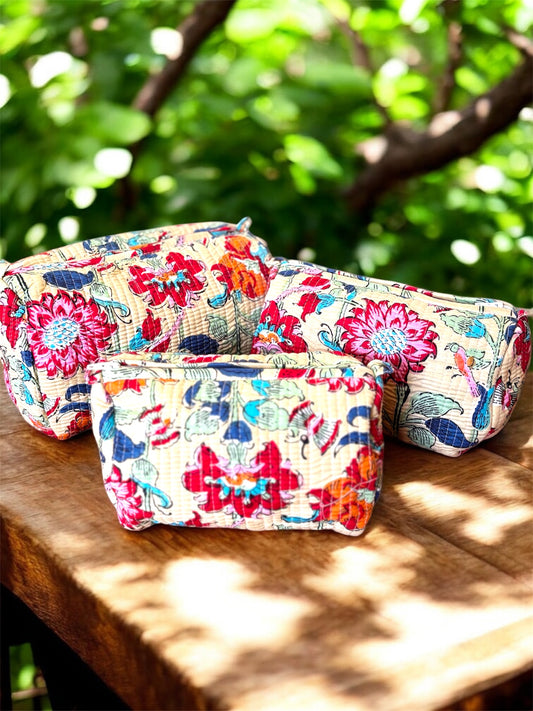 Block printed pouch set of 3