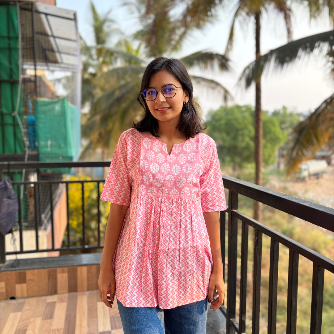 Pink Zigzag Cotton Short Kurti