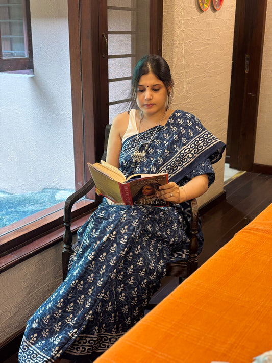 Indigo Hand Block Printed Cotton Saree