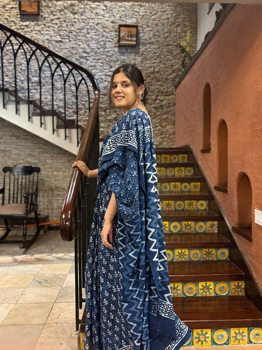 Indigo Hand Block Printed Cotton Saree
