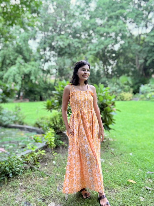 Saanjh yellow block printed smocking strappy dress