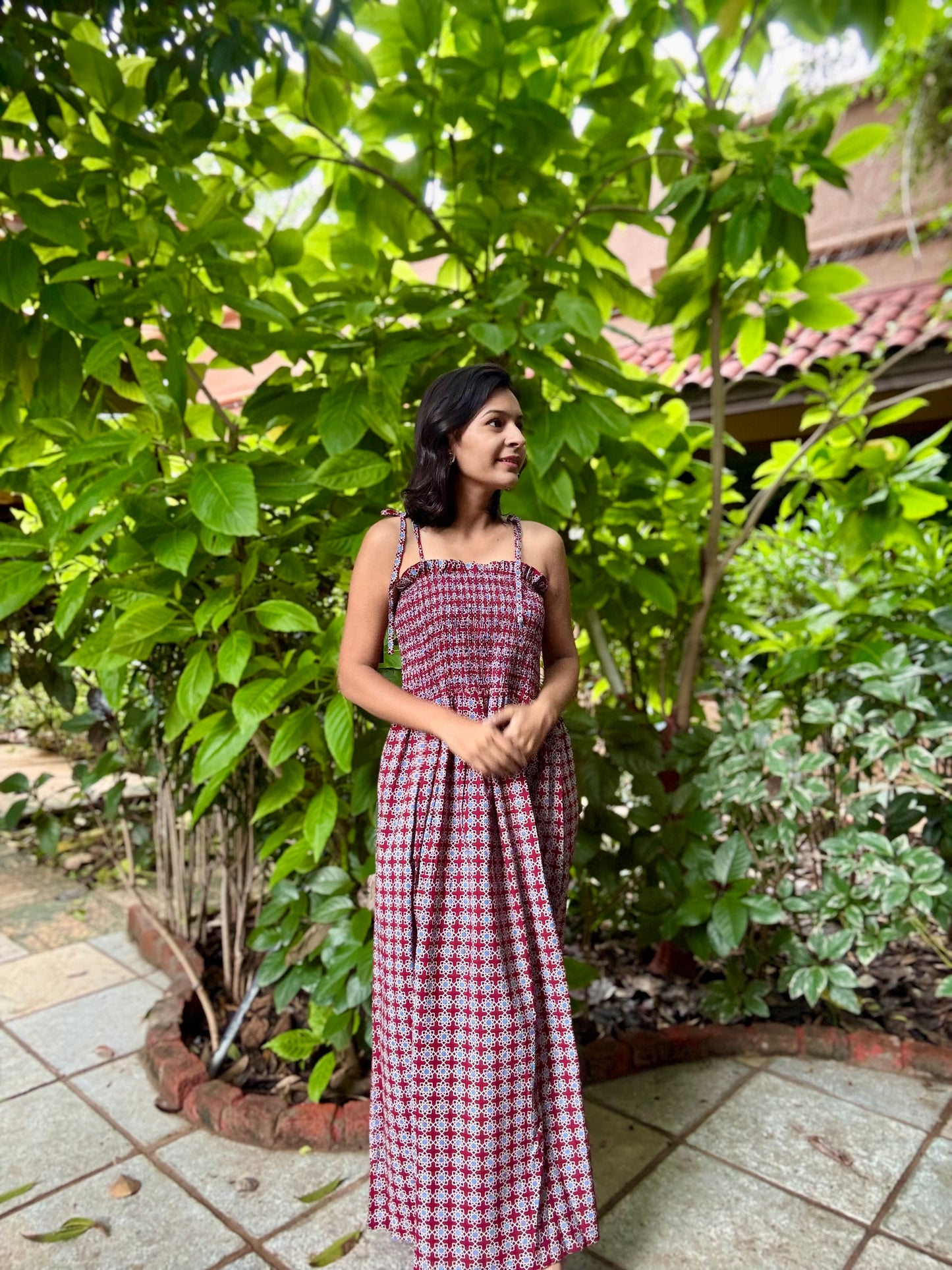 Meher Ajrakh block printed smocking strappy dress