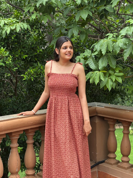 Ruh block printed smocking strappy dress