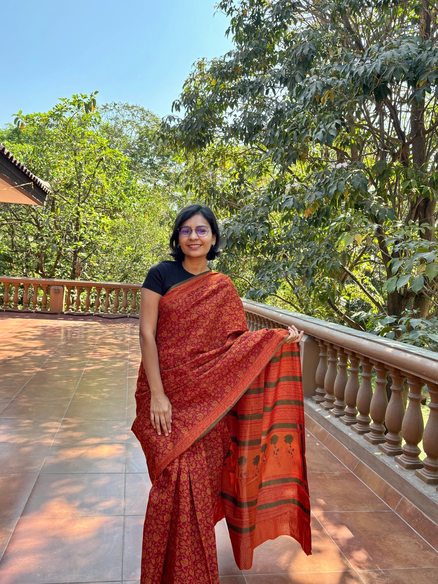 Hand block printed brown saree