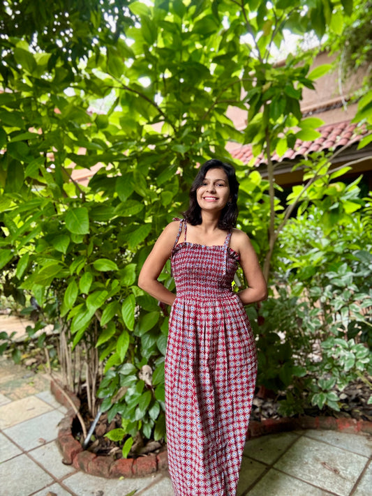 Meher Ajrakh block printed smocking strappy dress
