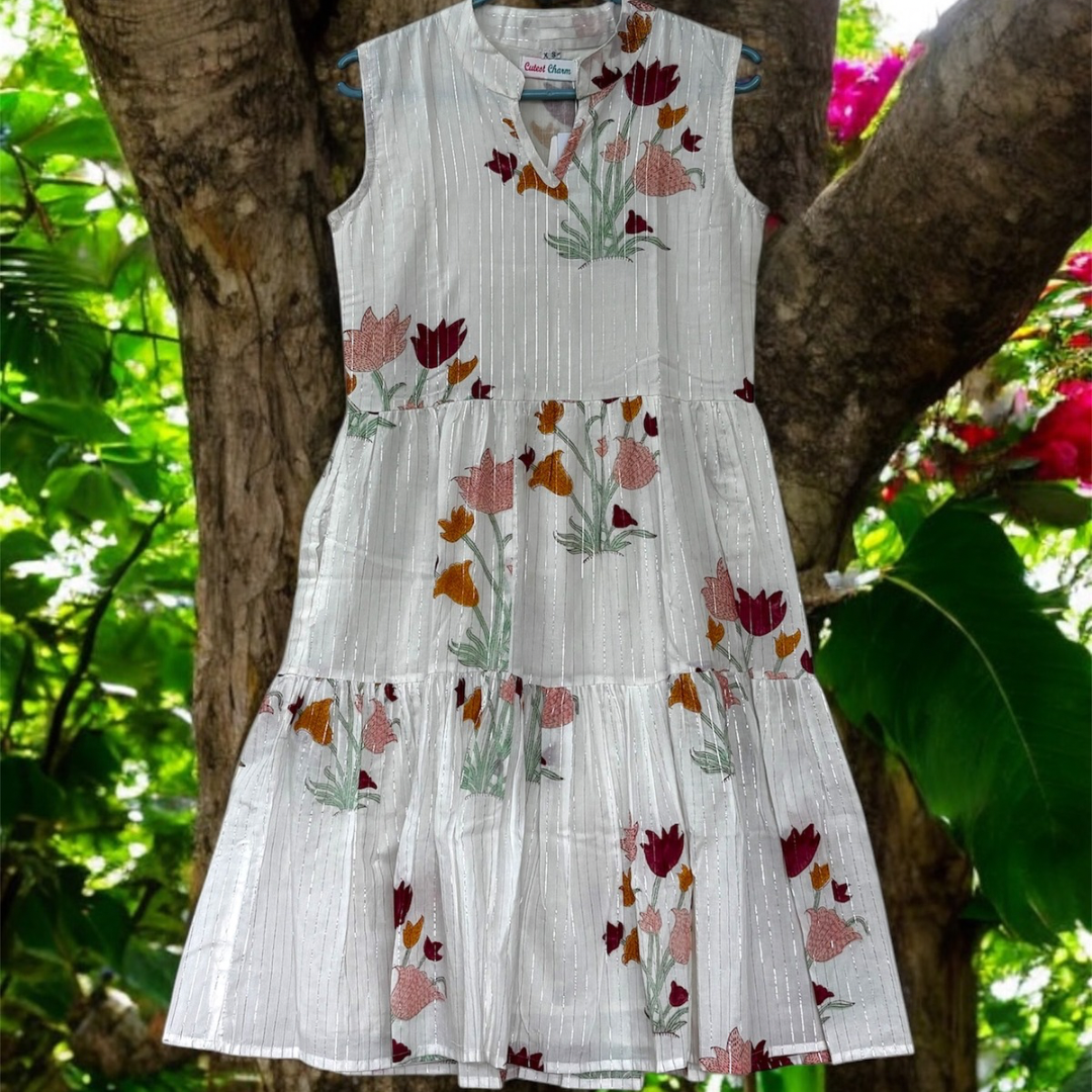 White Floral printed Tiered Dress