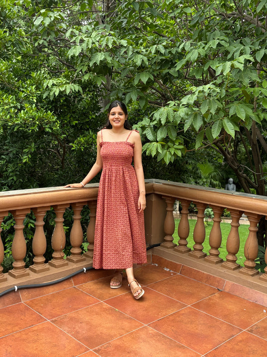 Ruh block printed smocking strappy dress