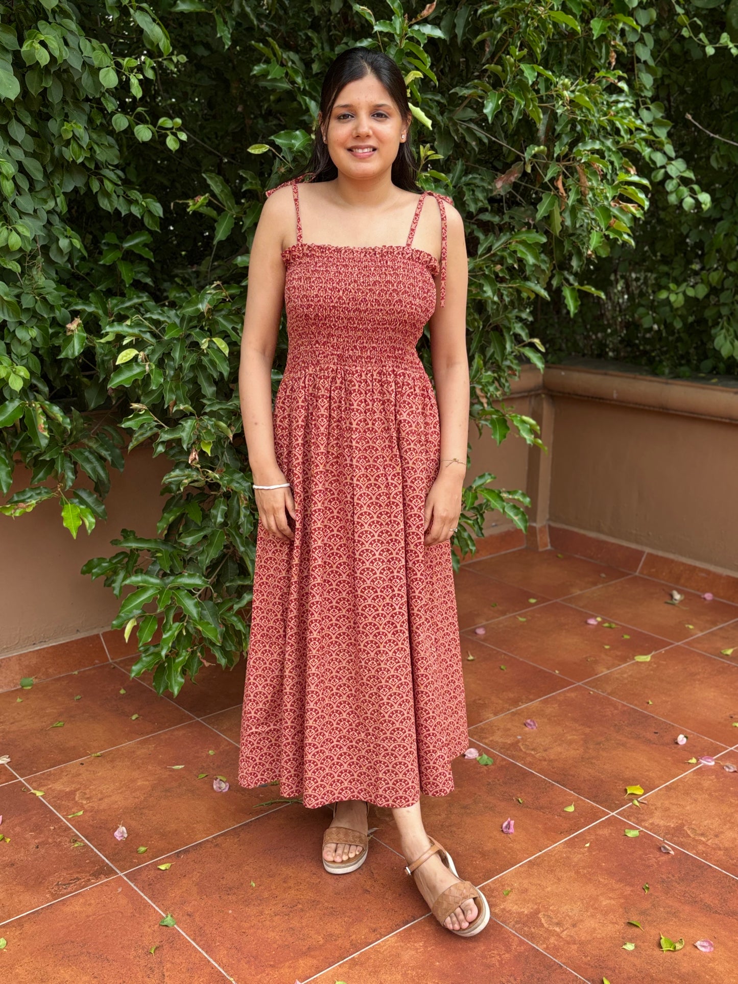 Ruh block printed smocking strappy dress