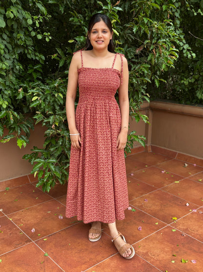 Ruh block printed smocking strappy dress