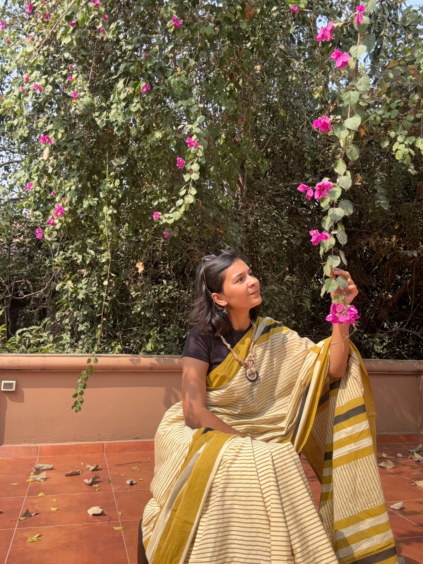 Mustard & Cream Striped Cotton Saree