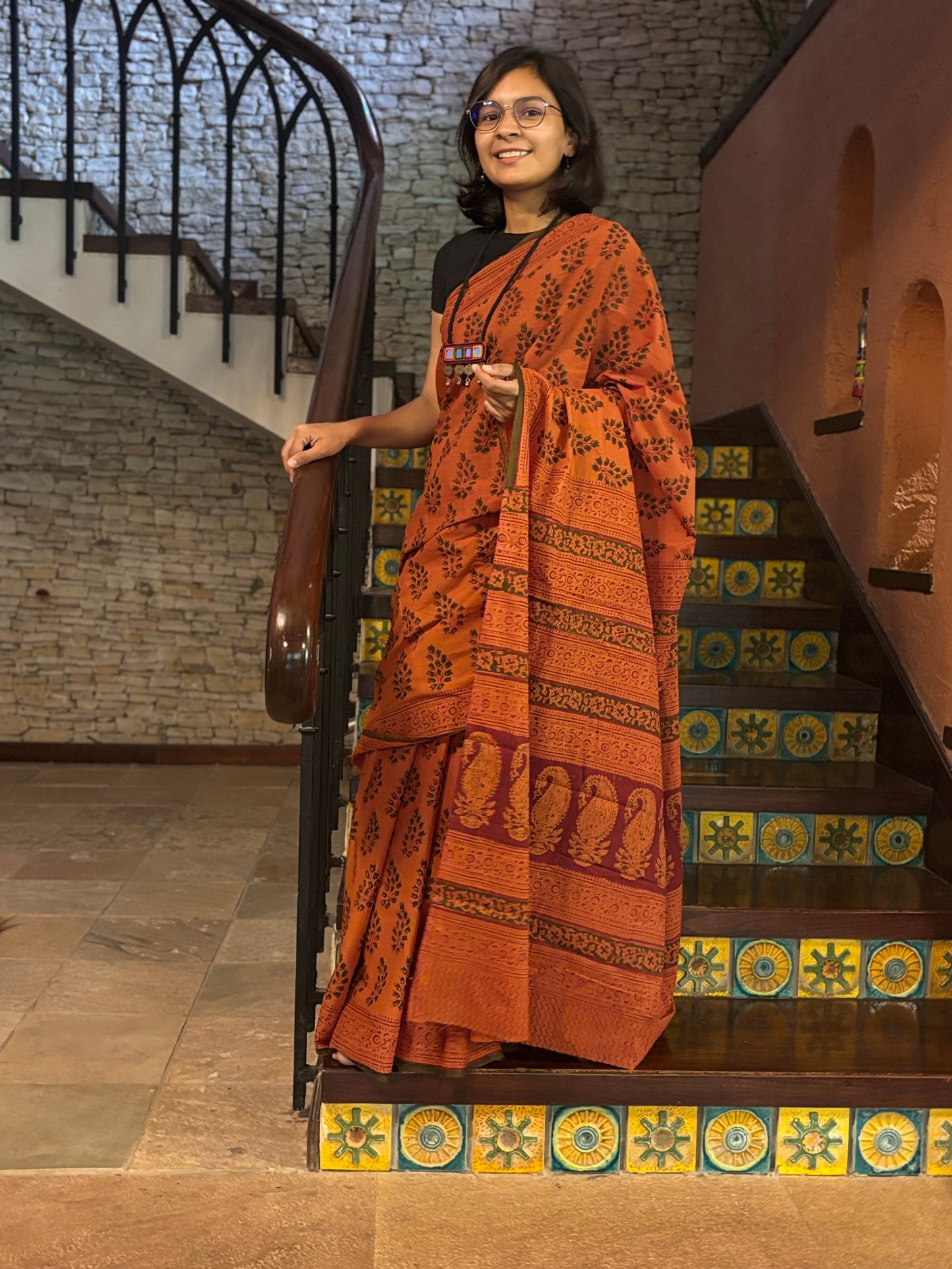 Terracotta Hand-Block printed Saree