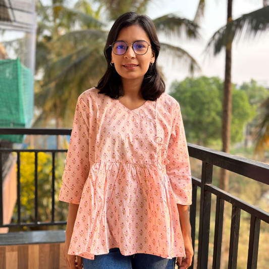 Peach Angrakha Style Cotton Kurti